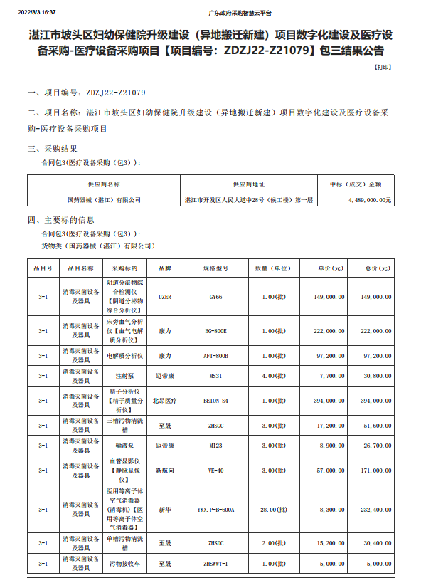 湛江市坡頭區(qū)婦幼保健院升級建設（異地搬遷新建）項目數(shù)字化建設及醫(yī)療設 備采購-醫(yī)療設備采購項目【項目編號：ZDZJ22-Z21079】包三結果公告(圖1)